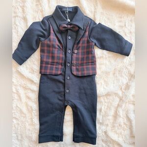 NICHOLAS Navy and Red Plaid Vest over Romper. SUPER CUTE 12mo. AK